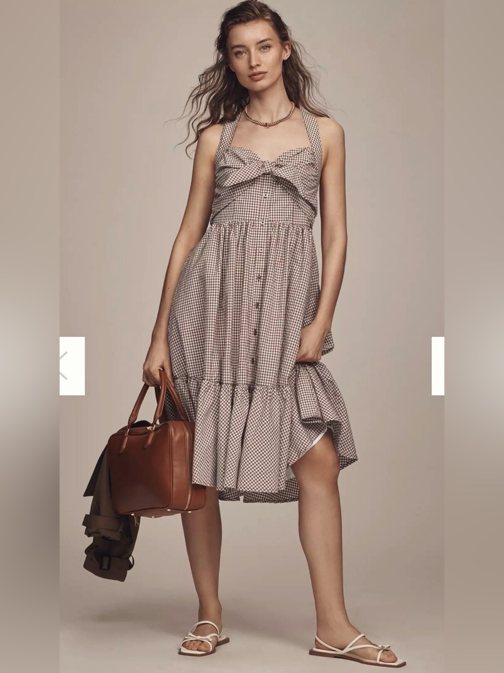 Maeve Gingham Tie-Front Sundress in Beige